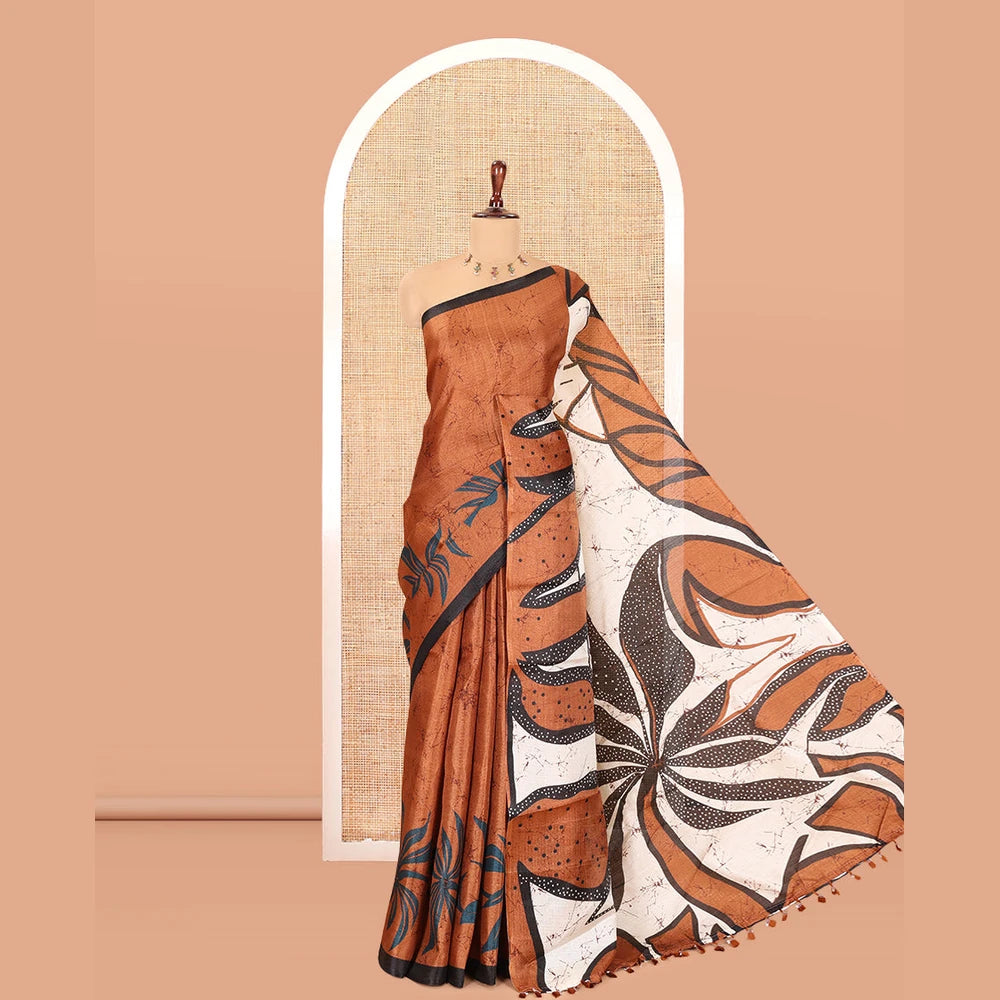 Pothys Brown Batik-Style Floral Printed Art Khadi Cotton Saree, a Contrast Border, and a Matching Blouse